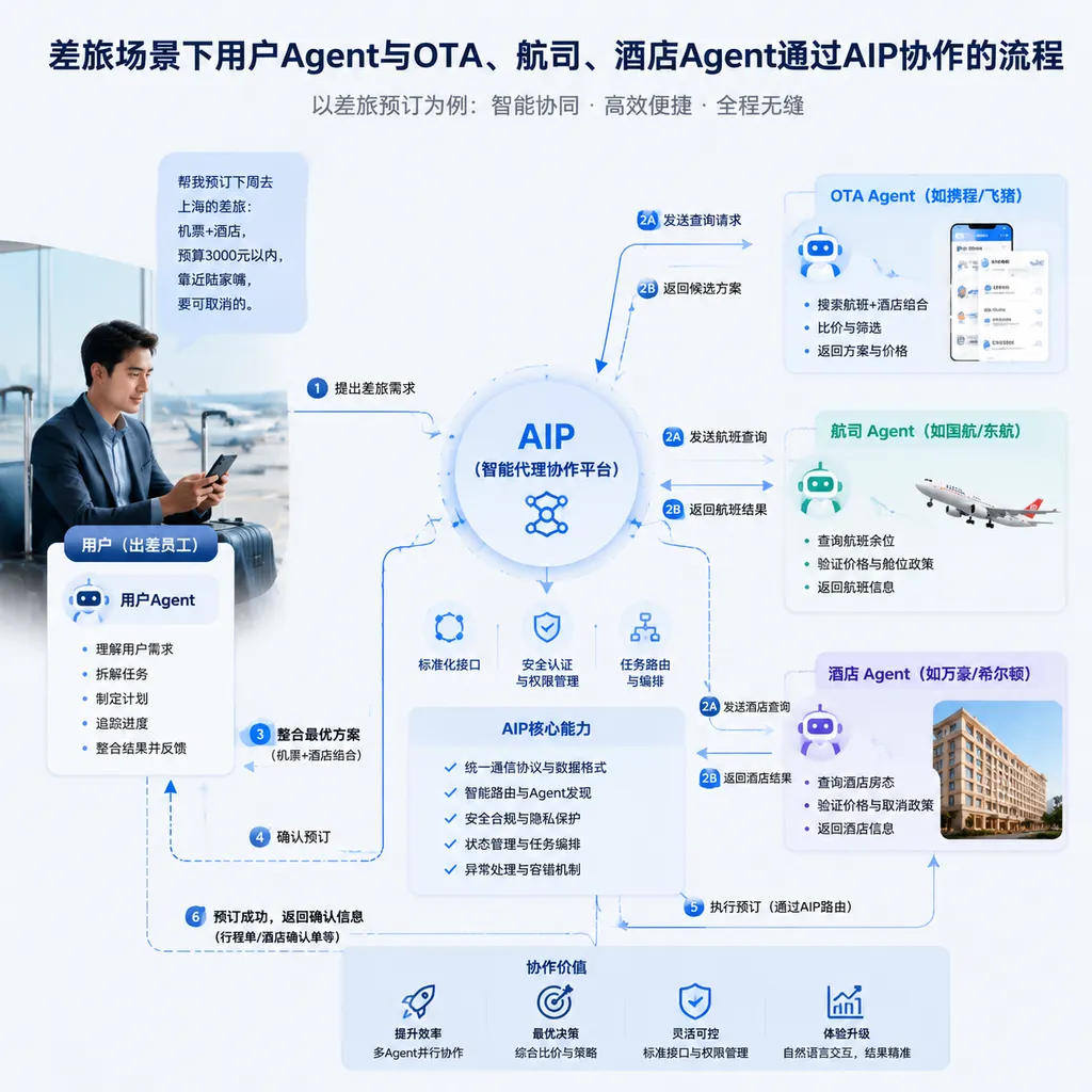 Workflow of user, OTA, airline, and hotel agents collaborating through AIP in a business‑travel scenario