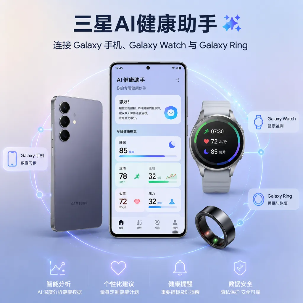 三星AI健康助手连接Galaxy手机、Galaxy Watch与Galaxy Ring的产品示意图