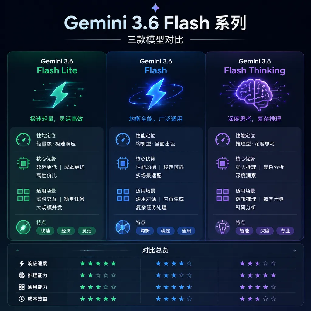 Comparison chart of the three Gemini 3.6 Flash series models