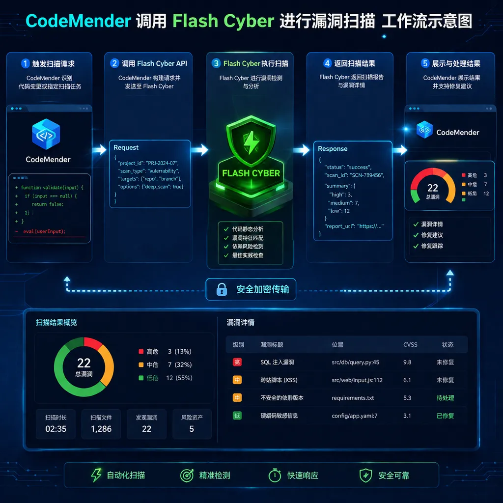 Workflow diagram of CodeMender using Flash Cyber for vulnerability scanning