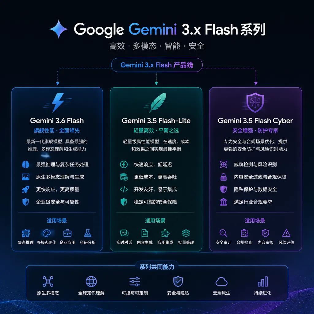 谷歌Gemini 3.6 Flash、3.5 Flash-Lite与3.5 Flash Cyber三款模型的产品线示意图