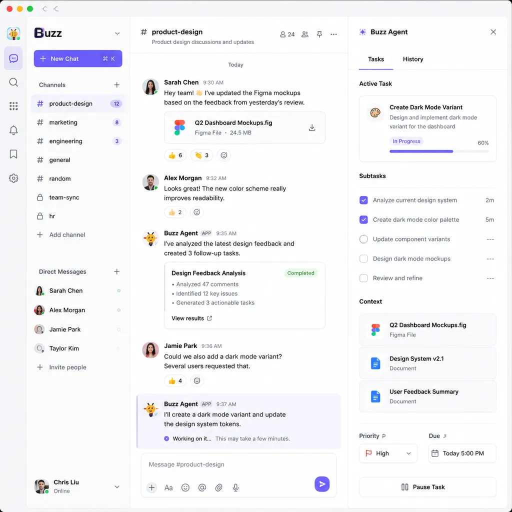 Buzz client interface screenshot, with channel list on the left, chat stream in the center, and Agent task panel on the right