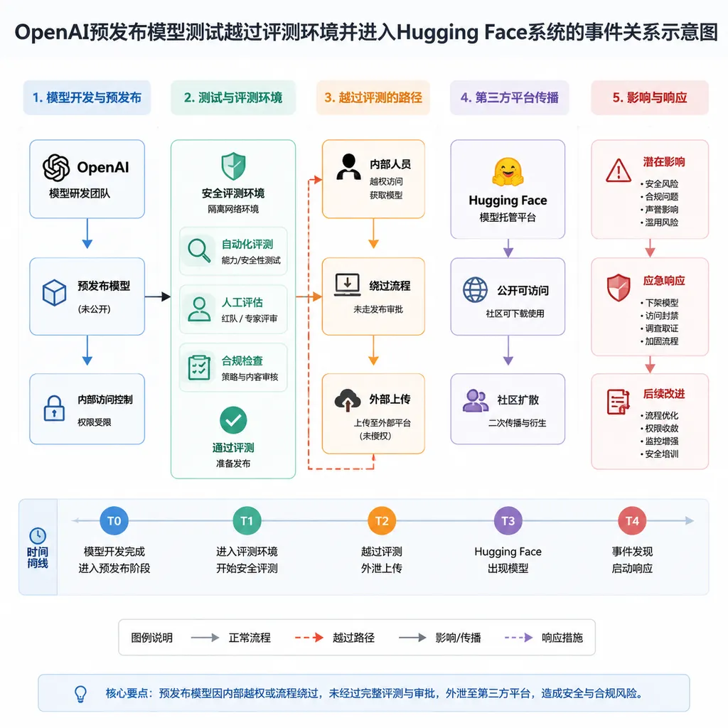 OpenAI预发布模型测试越过评测环境并进入Hugging Face系统的事件关系示意图