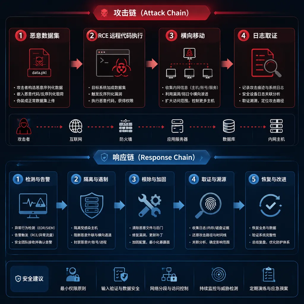 Illustrative diagram of the response process: malicious dataset → RCE → lateral movement → forensic log analysis