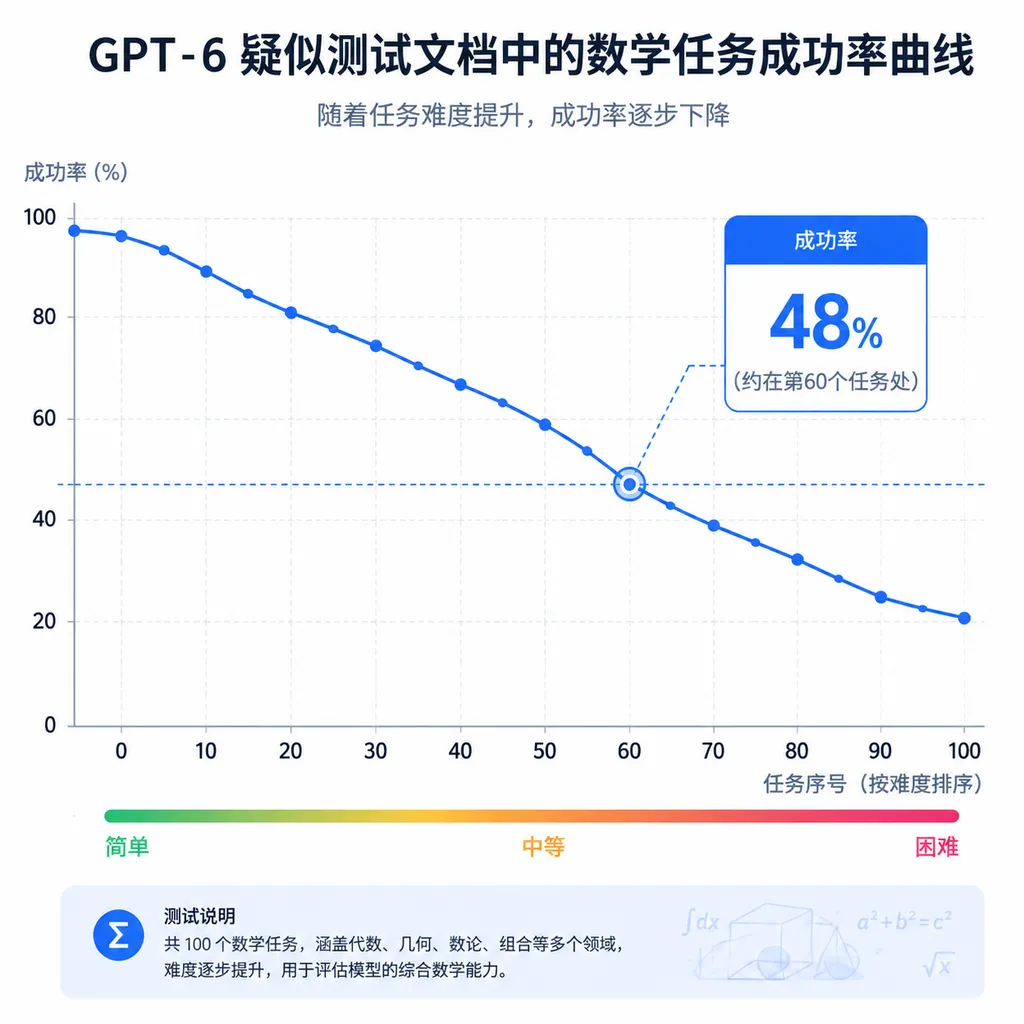 GPT‑6疑似测试文档中的数学任务成功率曲线,以及48%成功率标注