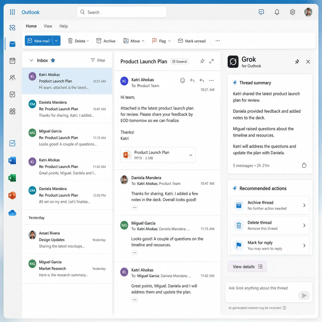 Grok for Outlook 在 Outlook 侧边栏总结邮件线程并给出归档、删除和标记待回复建议的界面