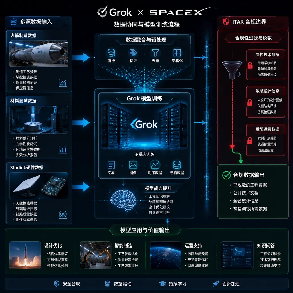 Grok与SpaceX数据协同示意图,展示火箭制造、材料测试、Starlink硬件数据进入模型训练流程,同时由ITAR合规边界过滤敏感资料