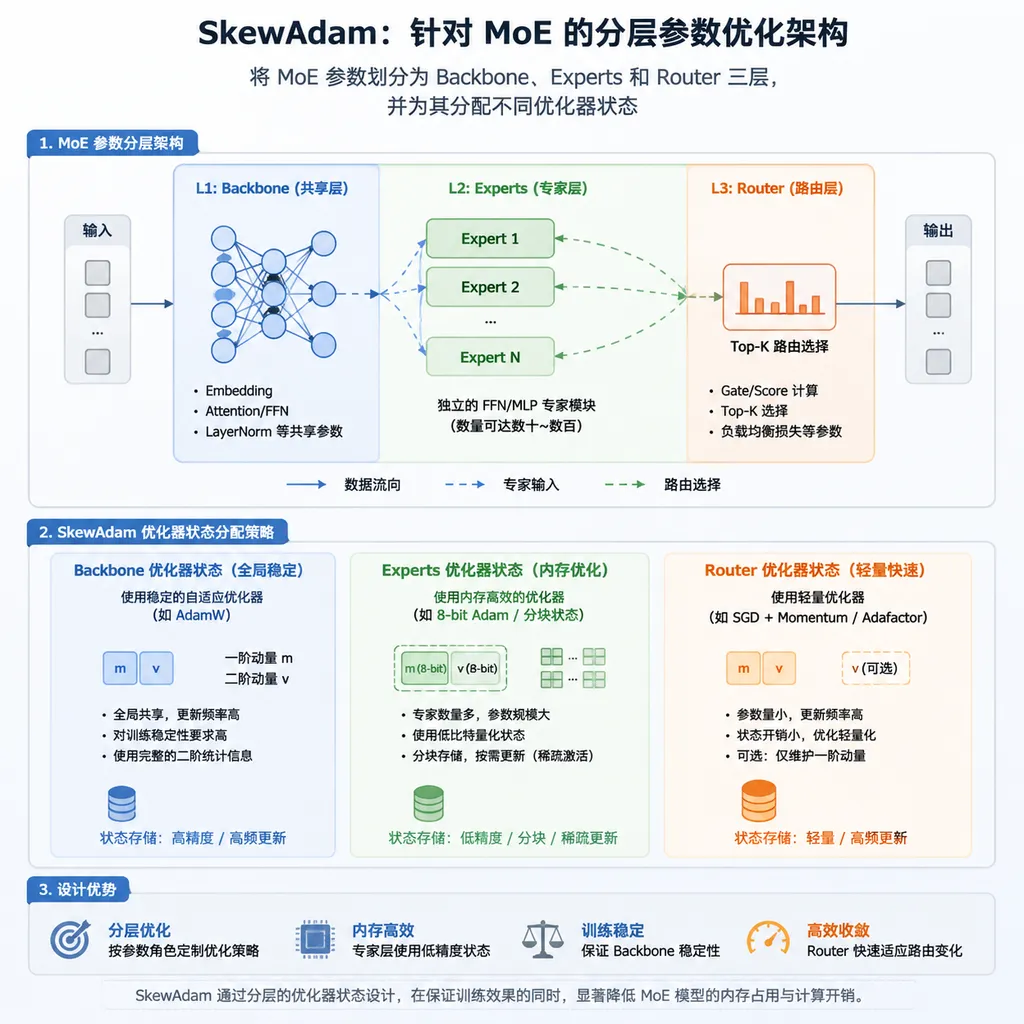 SkewAdam将MoE参数划分为Backbone、Experts和Router三层,并为其分配不同优化器状态的架构示意图