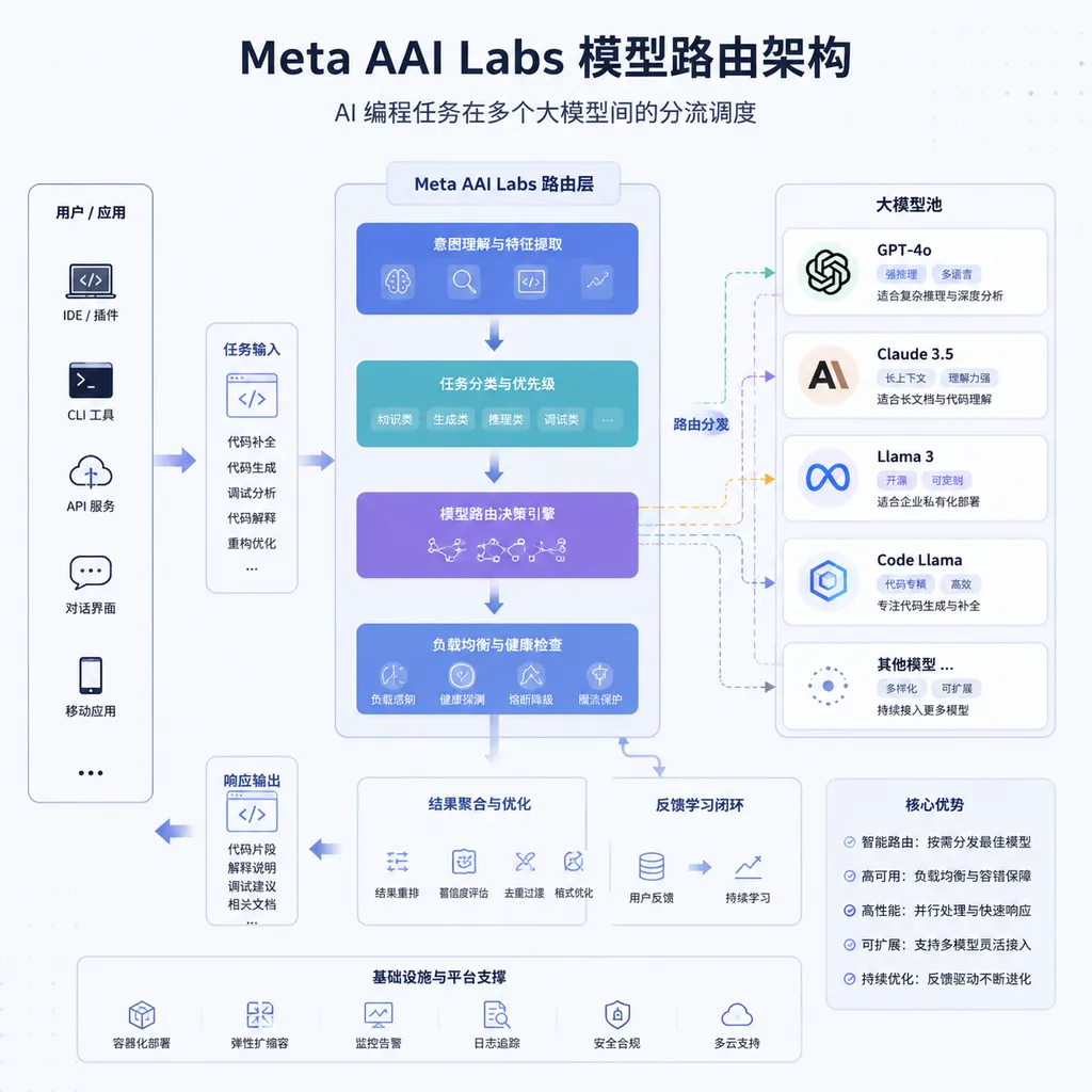 Meta AAI Labs model routing architecture diagram showing load balancing across multiple models for AI programming tasks