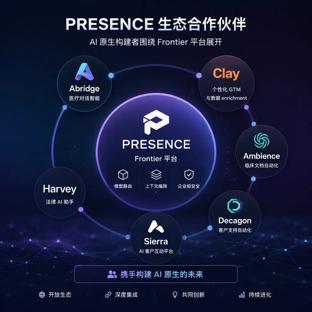 Presence ecosystem partner diagram showing AI-native builders like Abridge, Clay, Ambience, Decagon, Harvey, and Sierra building around the Frontier platform.