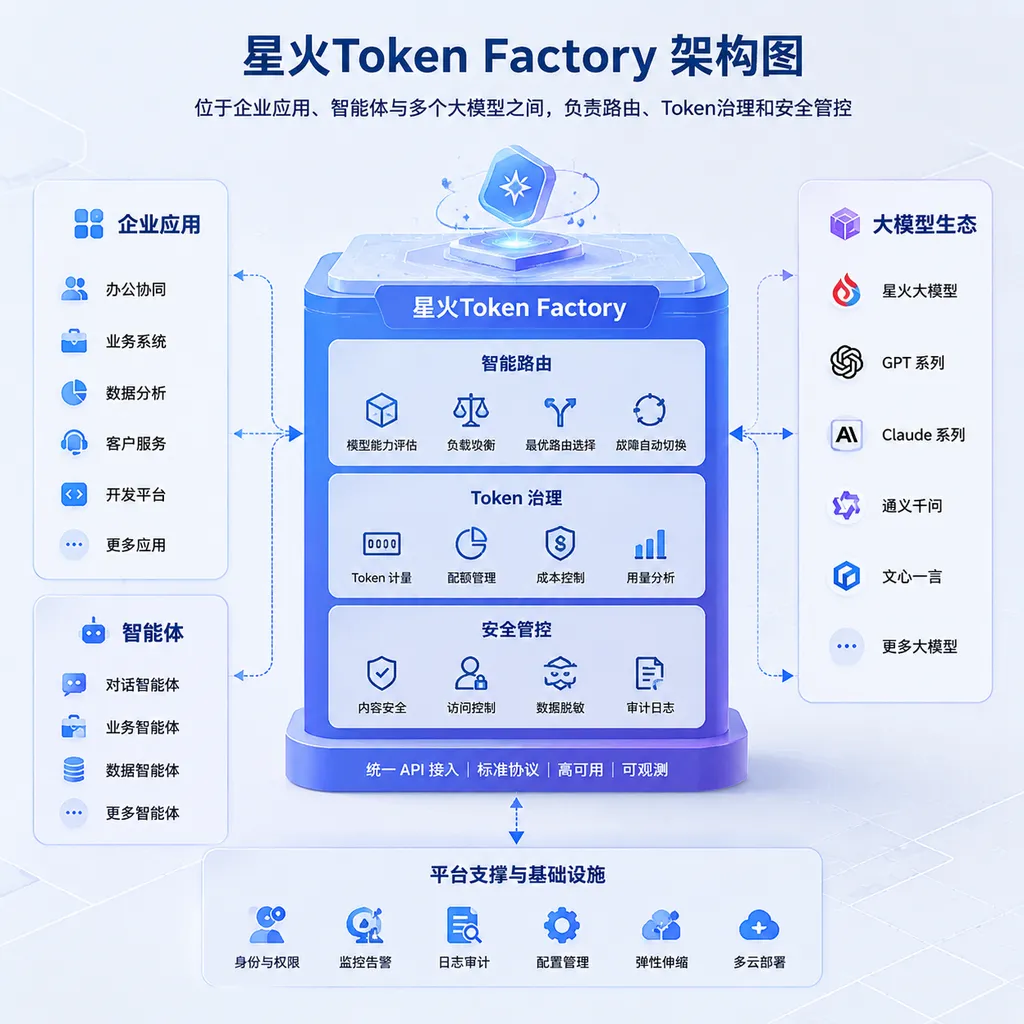 星火Token Factory位于企业应用、智能体与多个大模型之间,负责路由、Token治理和安全管控的架构示意图
