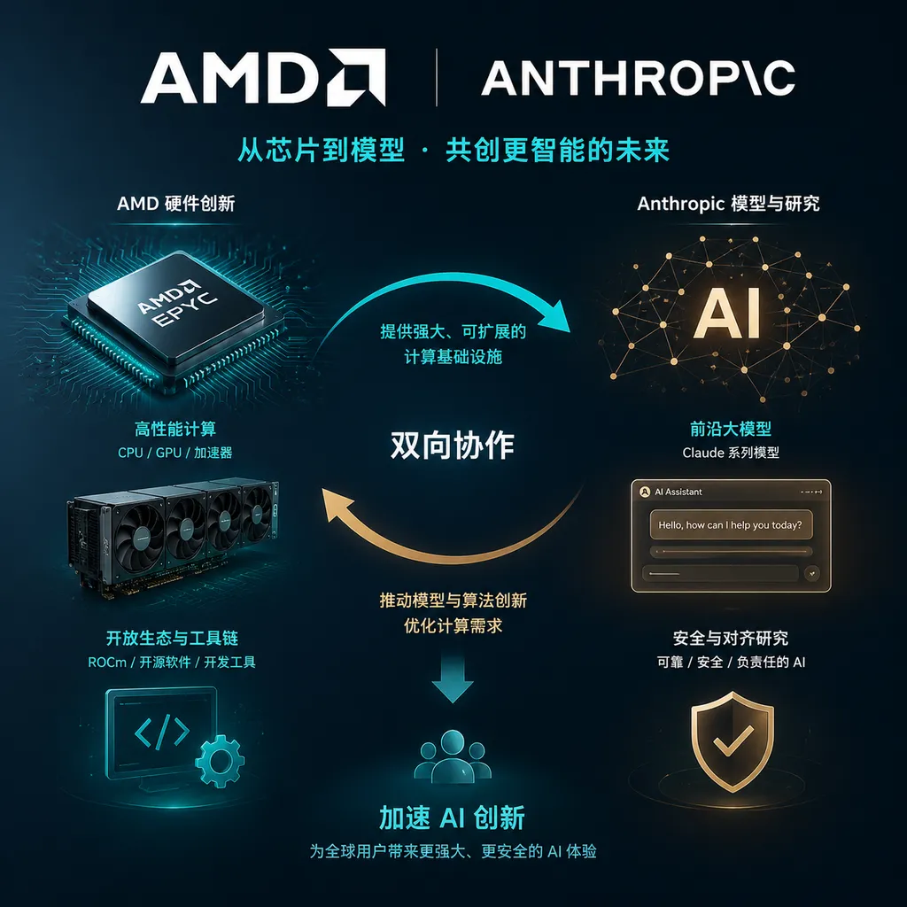 AMD and Anthropic partnership diagram, showing bidirectional collaboration from chip hardware to AI model