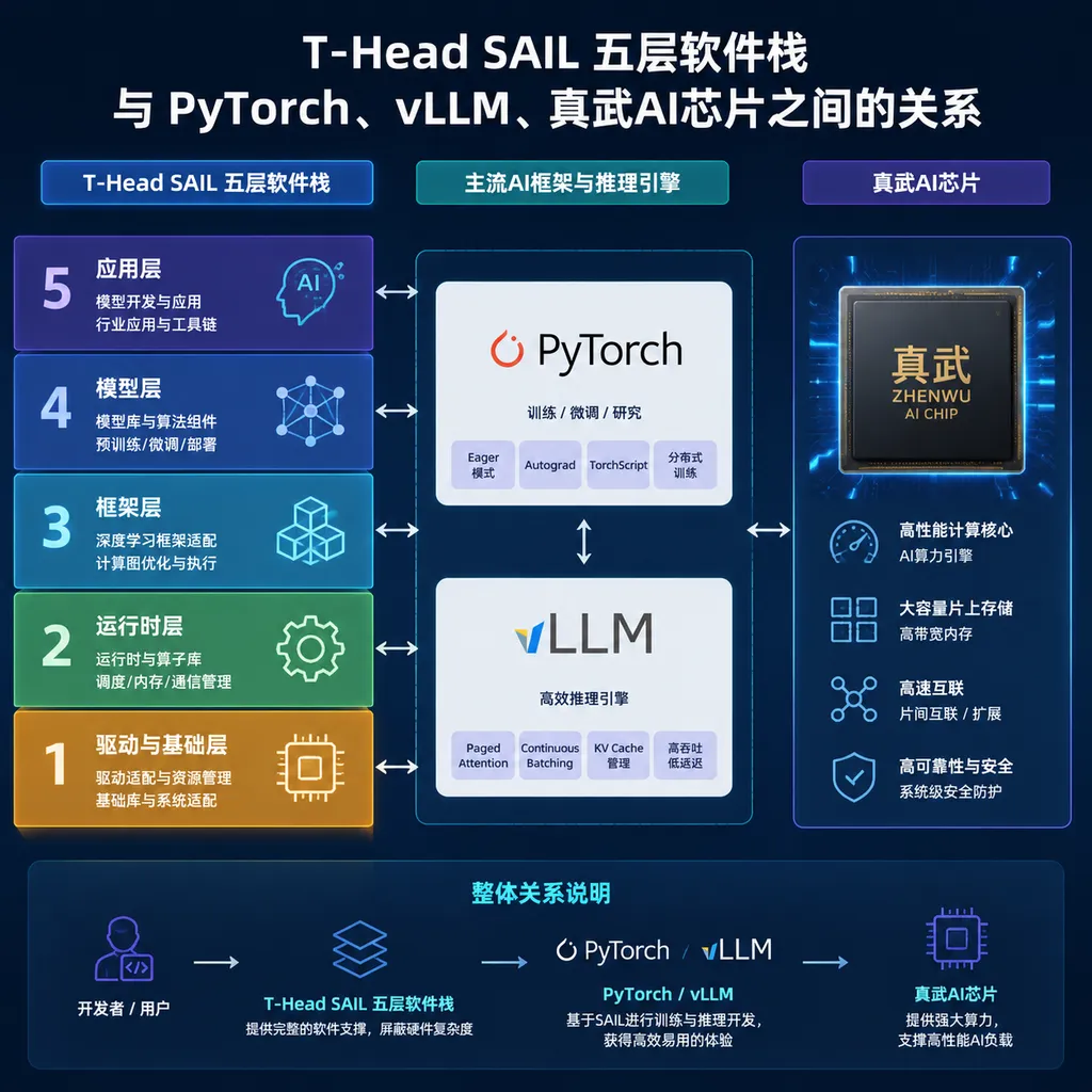 T-Head SAIL五层软件栈与PyTorch、vLLM、真武AI芯片之间的关系示意图