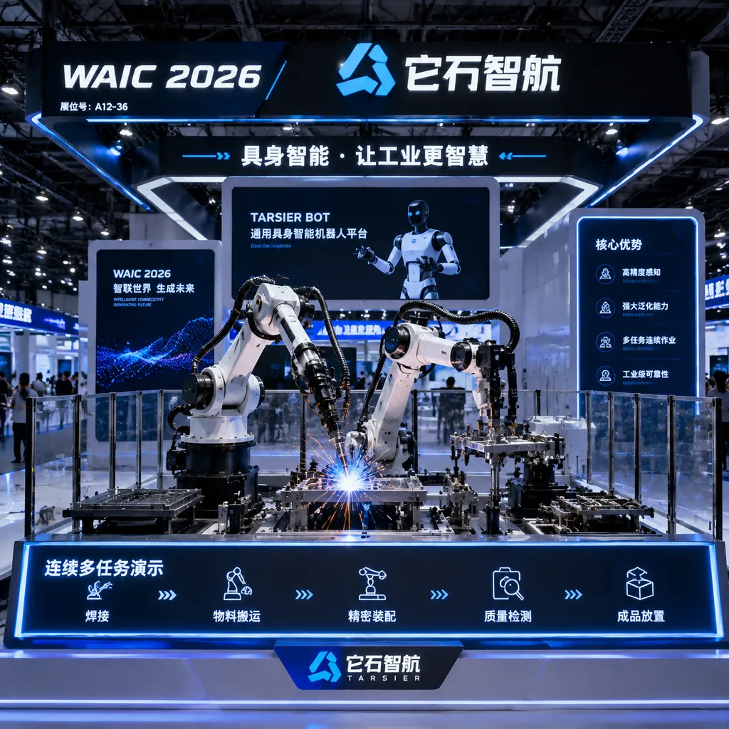 WAIC 2026 Itstone Robotics booth: robotic arm performing continuous multi-task demo of welding and assembly