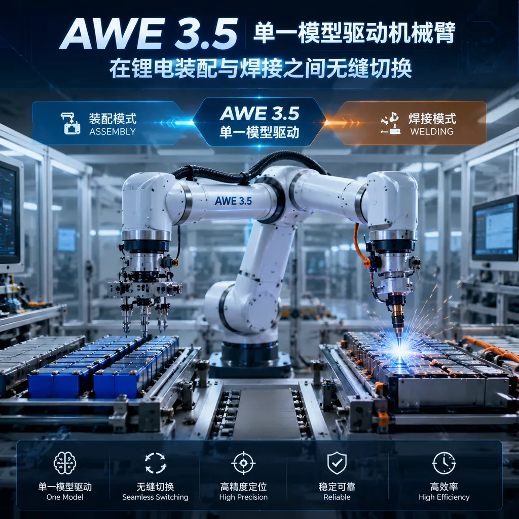Onsite footage: a single AWE 3.5 model driving the robotic arm to seamlessly switch between lithium battery assembly and welding