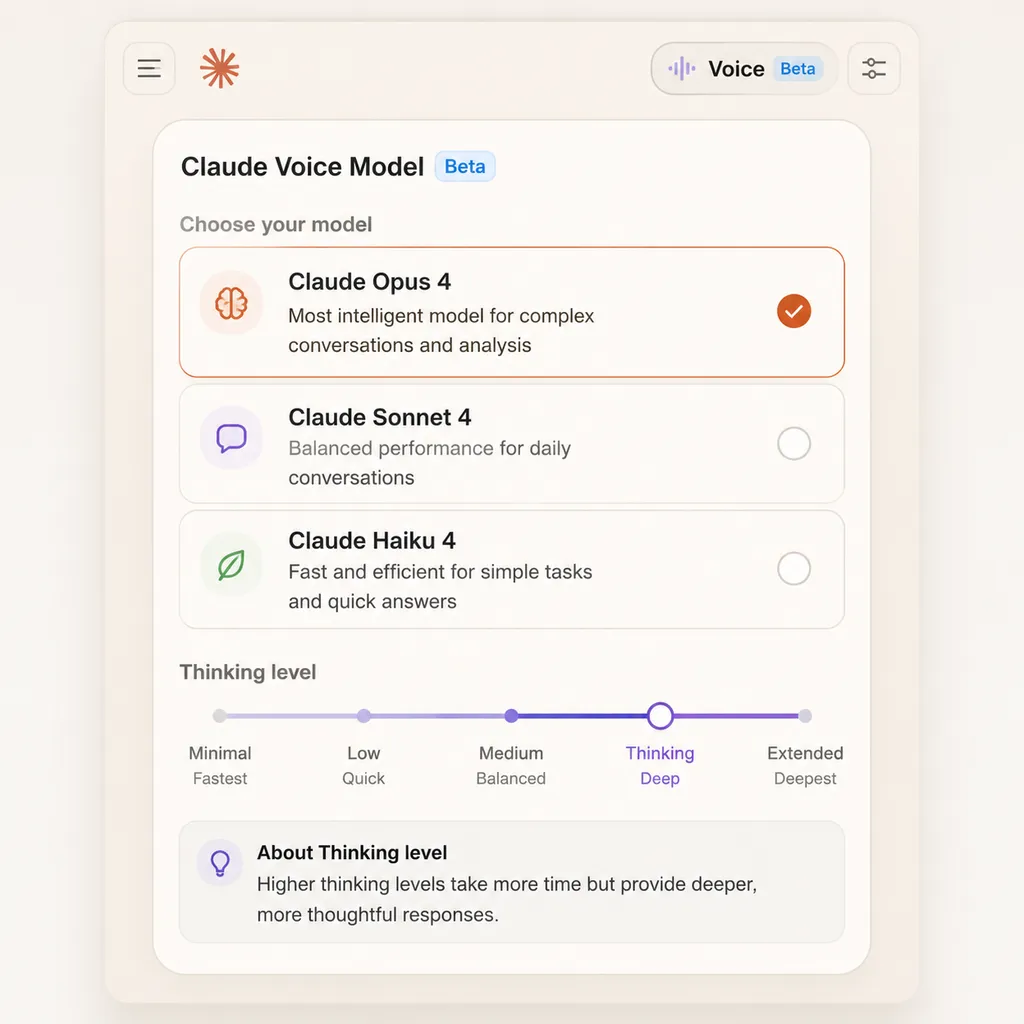 Screenshot of the new Claude Voice Mode model selector showing Opus / Sonnet / Haiku options and the Thinking‑level slider