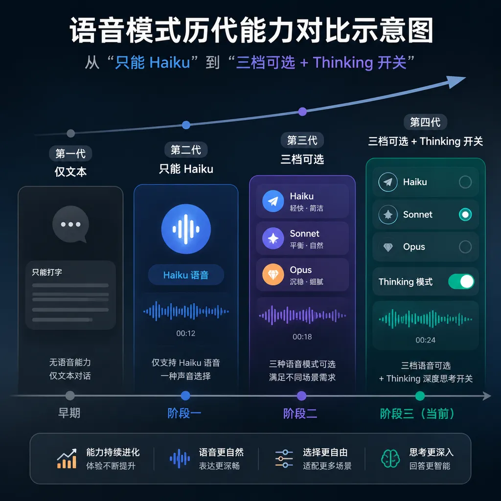 Comparative diagram of Voice Mode capabilities over time — from “Haiku only” to “three selectable levels + Thinking toggle”
