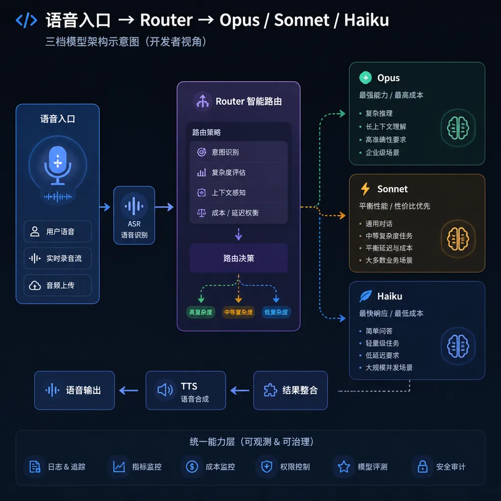 Architecture diagram from developer view: "Voice input → Router → Opus / Sonnet / Haiku" three‑tier model structure
