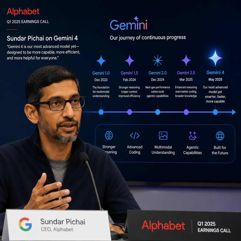 桑达尔·皮查伊在 Alphabet 财报电话会议上谈论 Gemini 4,背景展示 Gemini 模型迭代时间线