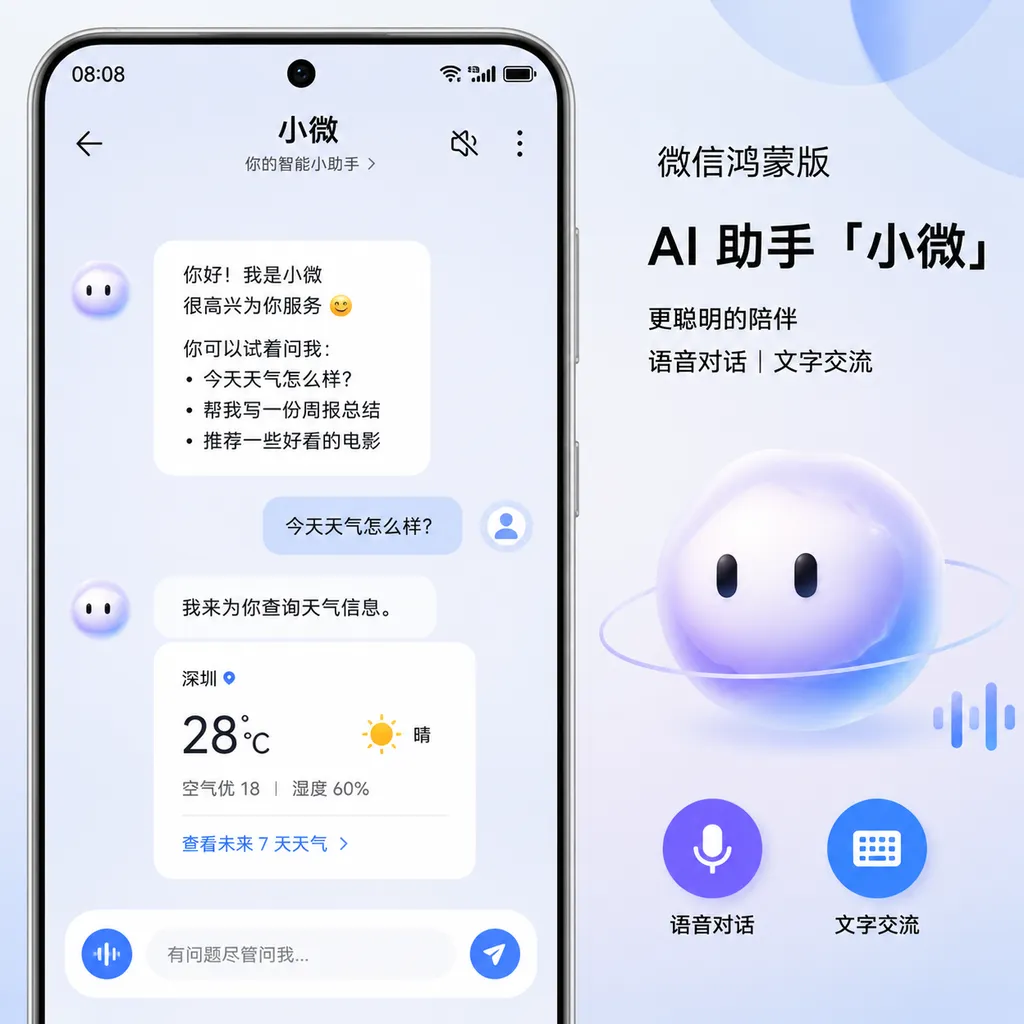微信鸿蒙版 AI 助手“小微”测试界面,展示语音与文字对话入口