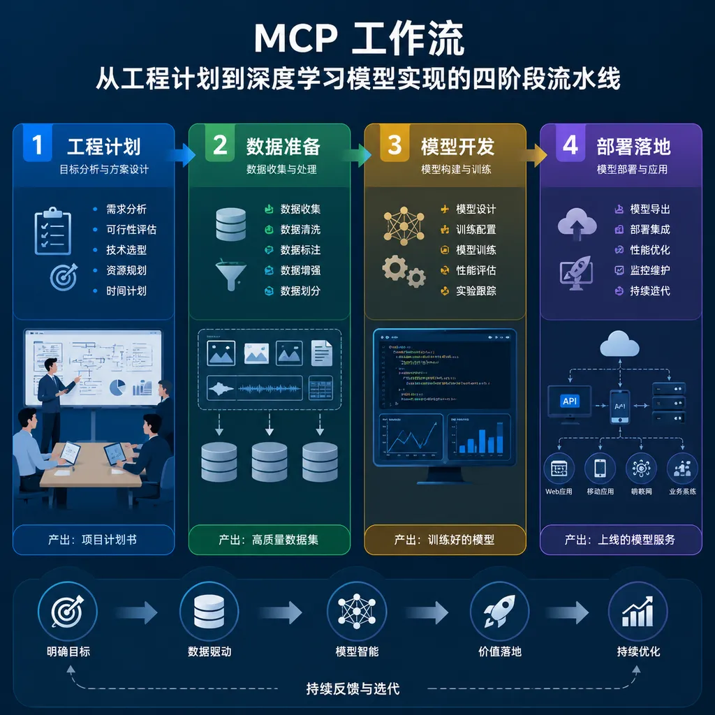 Diagram of MCP workflow’s four‑stage pipeline from engineering plan to deep‑learning model implementation