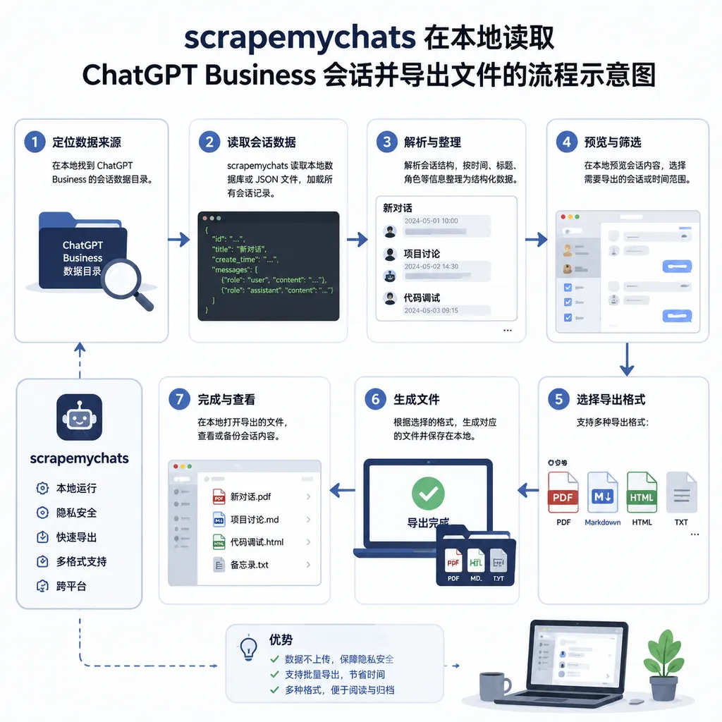 scrapemychats 在本地读取 ChatGPT Business 会话并导出文件的流程示意图