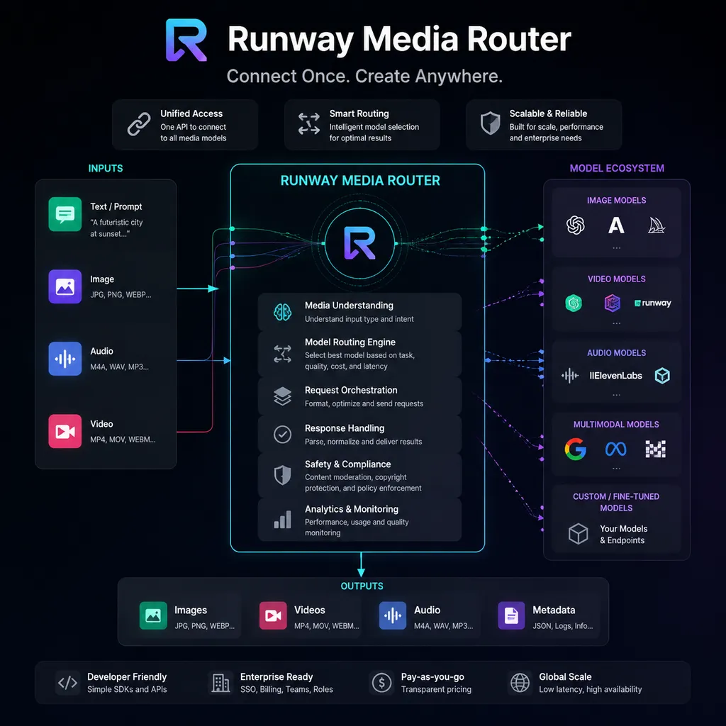 Runway Media Router连接多个图像、视频和音频生成模型的产品架构示意图