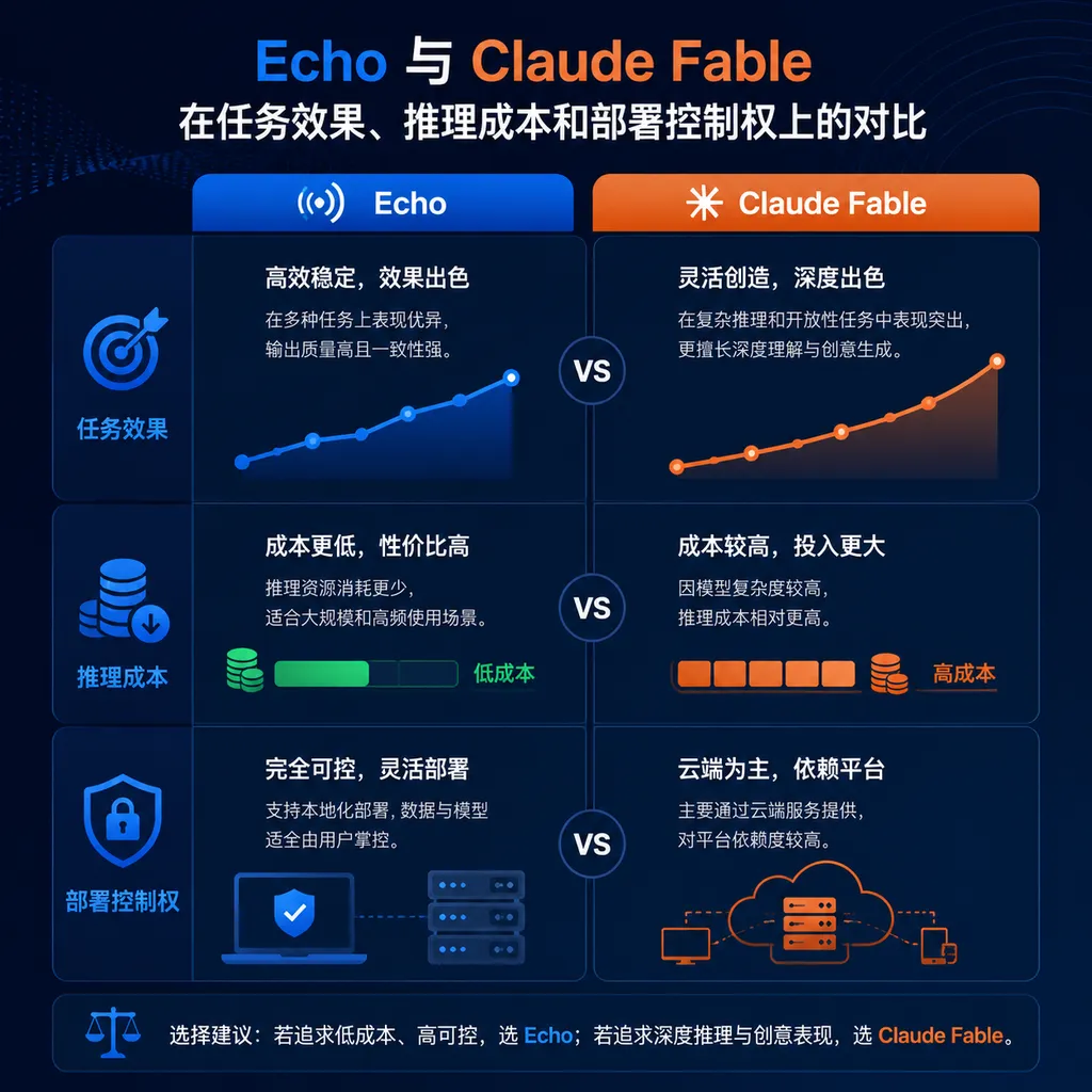 Echo 与 Claude Fable 在任务效果、推理成本和部署控制权上的对比示意图