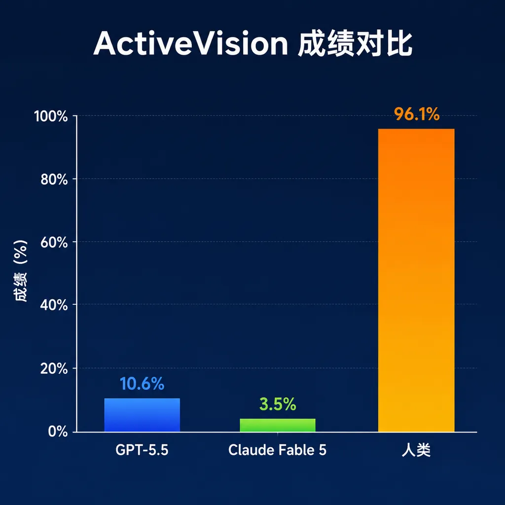 ActiveVision 成绩对比柱状图,GPT-5.5 为 10.6%、Claude Fable 5 为 3.5%、人类为 96.1%