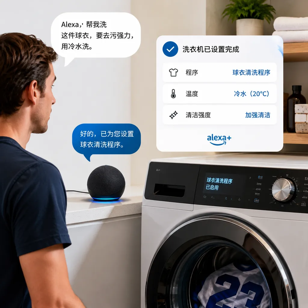用户向 Echo 设备描述球衣清洗需求,Alexa+ 自动选择洗衣机程序、冷水温度和加强清洁选项
