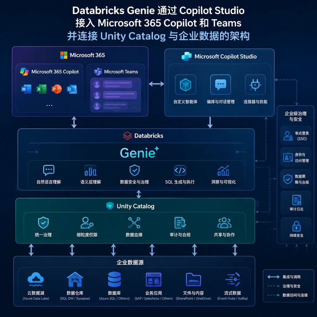 Databricks Genie 通过 Copilot Studio 接入 Microsoft 365 Copilot 和 Teams,并连接 Unity Catalog 与企业数据的架构示意图