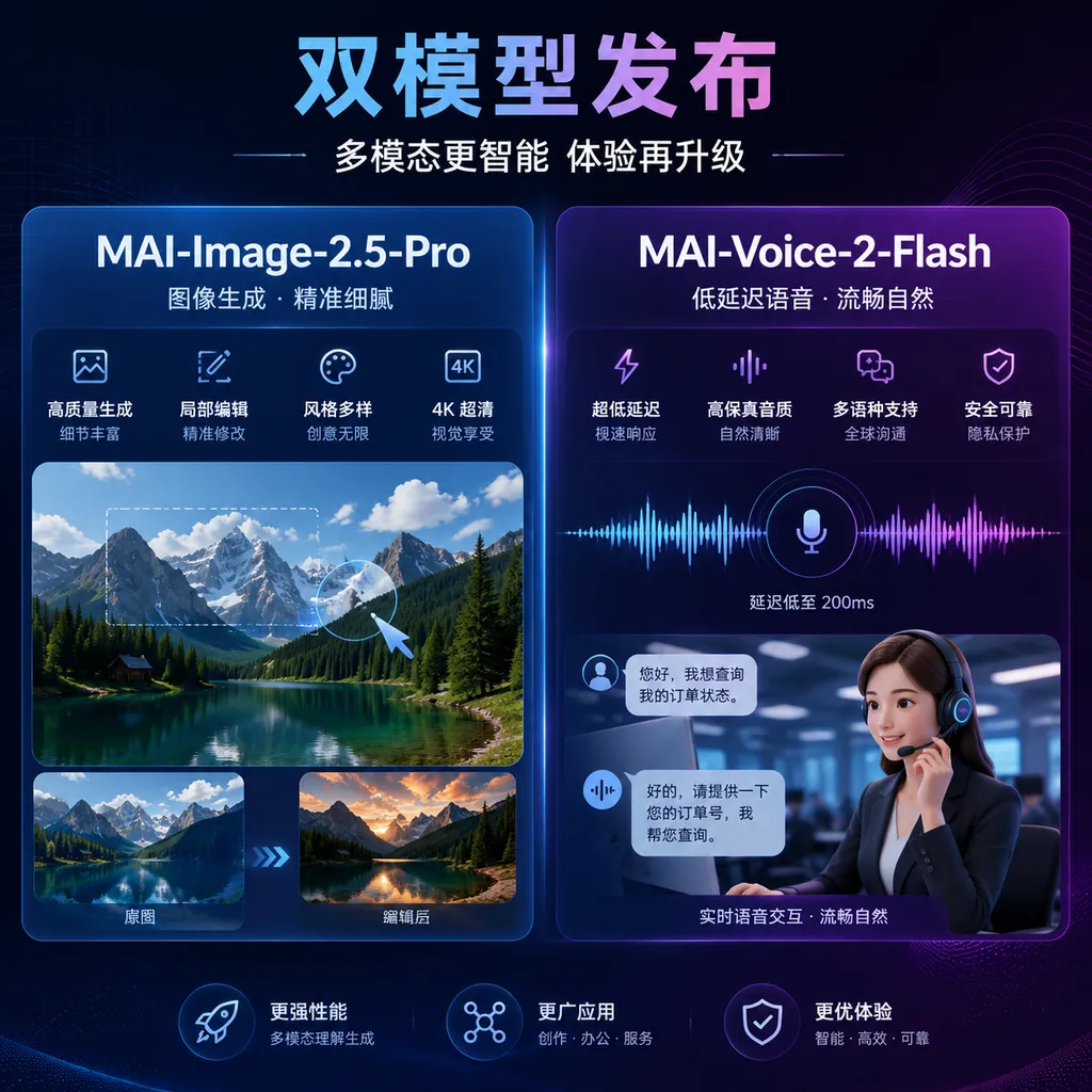 MAI-Image-2.5-Pro 与 MAI-Voice-2-Flash 双模型发布示意图,左侧为图像生成和局部编辑,右侧为低延迟语音波形与客服场景