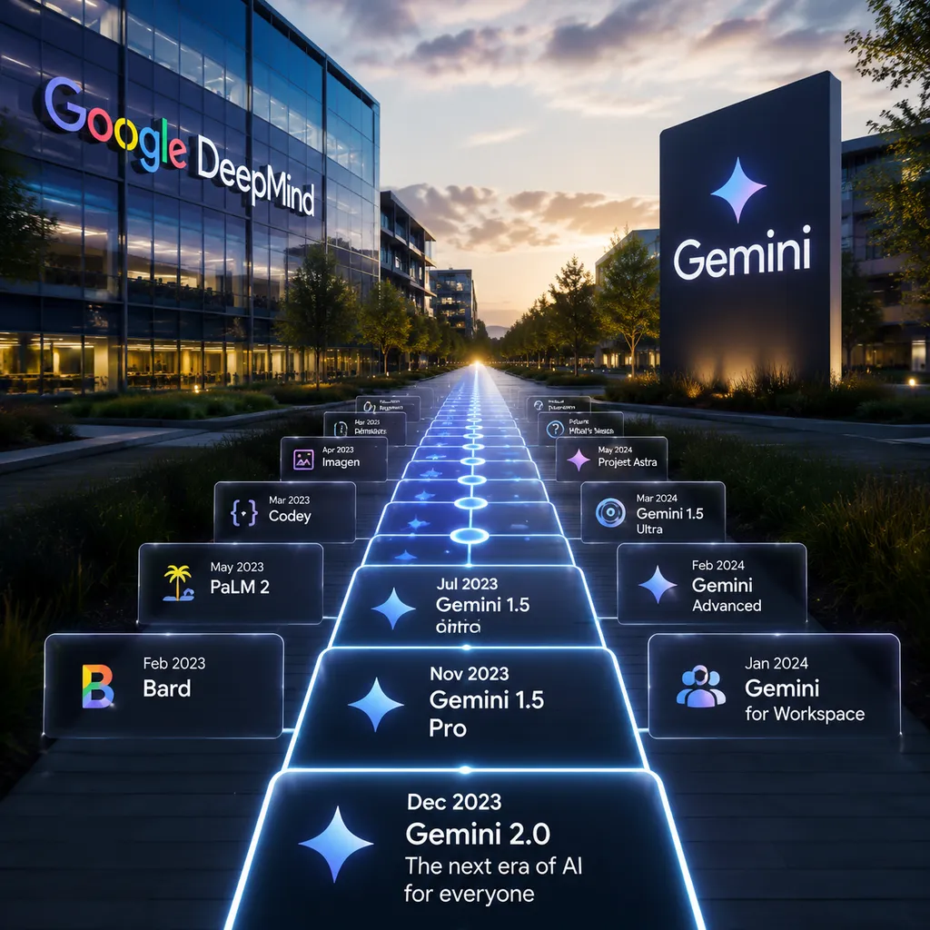 谷歌DeepMind办公楼与Gemini标志,画面中央是一条不断向后延伸的产品发布时间线