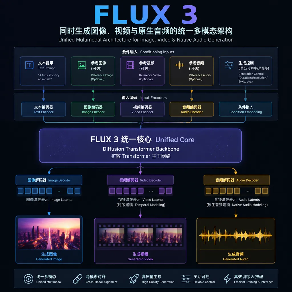 FLUX 3 同时生成图像、视频与原生音频的统一多模态架构示意图