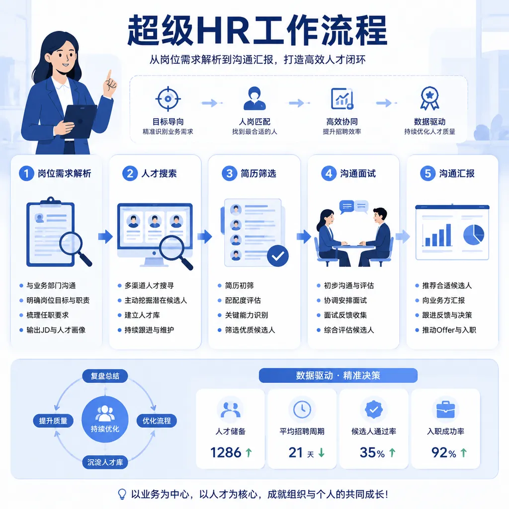 超级HR从岗位需求解析、人才搜索、简历筛选到沟通汇报的工作流程示意图