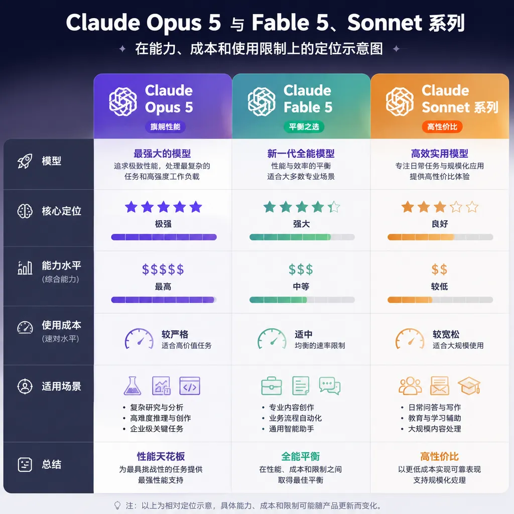 Positioning of Claude Opus 5, Fable 5, and the Sonnet series in terms of capability, cost, and usage restrictions