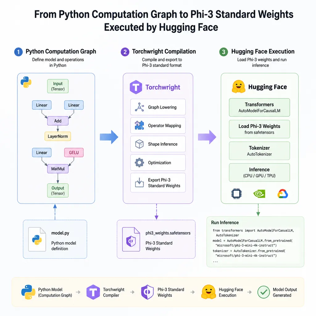 Diagram showing the workflow from a Python computation graph compiled by Torchwright into standard Phi-3 weights, then executed by Hugging Face