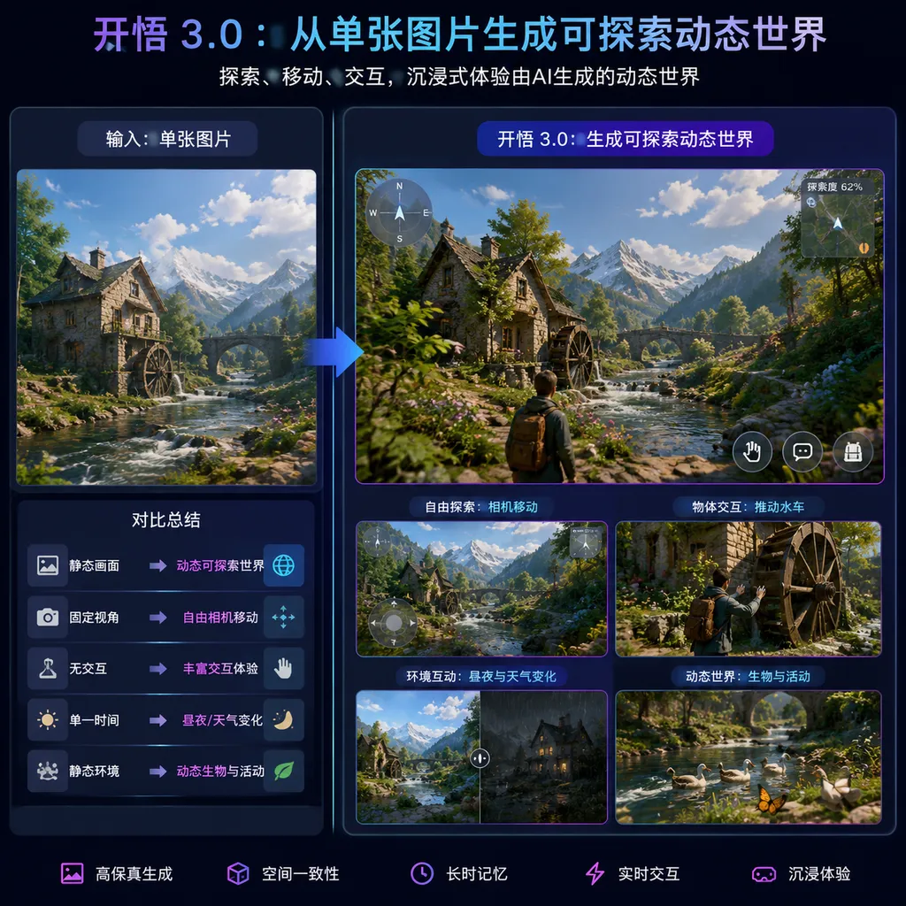 开悟3.0从单张图片生成可探索动态世界,并控制相机移动和物体交互的演示对比图