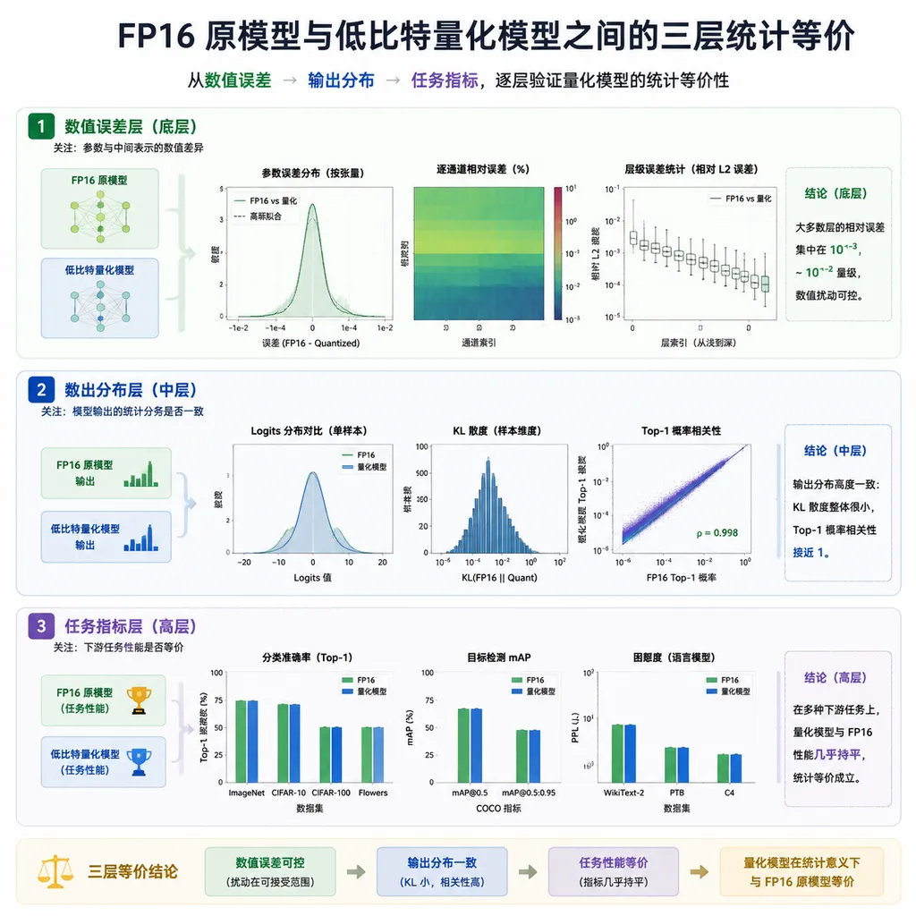 A three-level illustration of statistical equivalence between an original FP16 model and a low-bit quantized model, spanning numerical error, output distributions, and task metrics