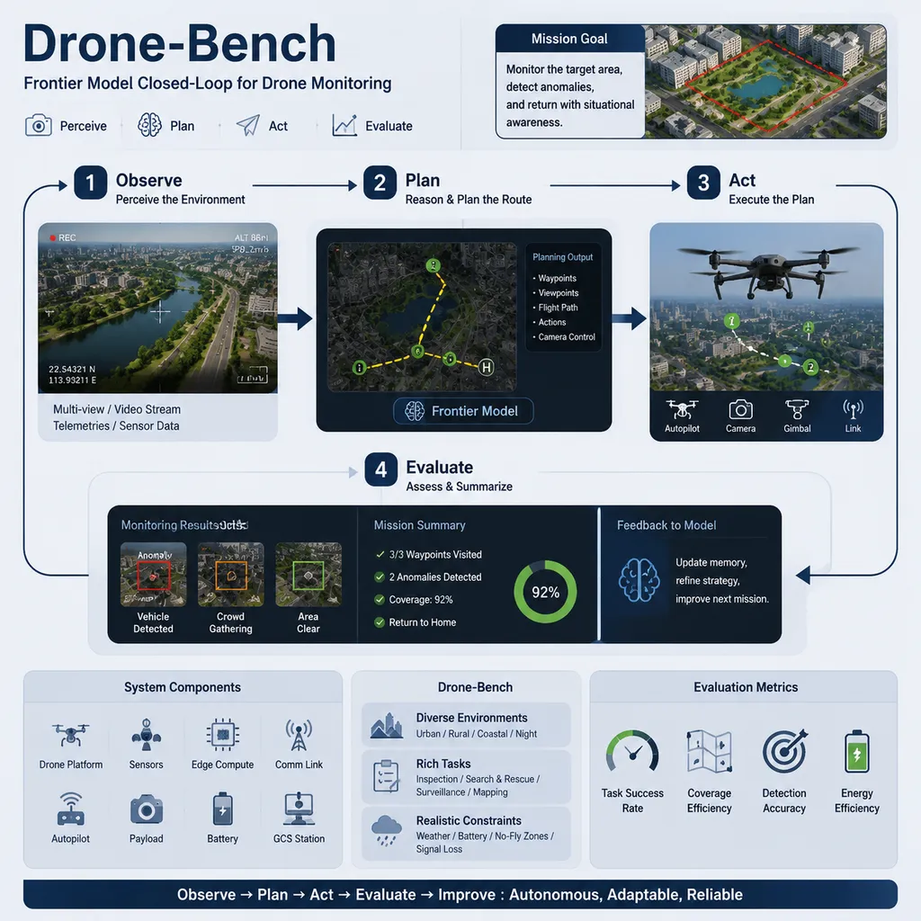 Drone-Bench 中前沿模型观察无人机画面、规划航线并执行监控任务的闭环流程示意图