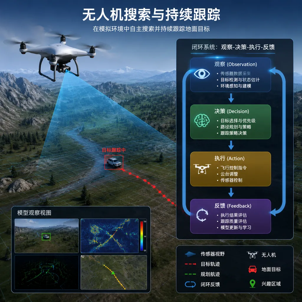 A drone searches for and continuously tracks a ground target in a simulated environment, alongside a closed loop composed of model observation, decision-making, execution, and feedback