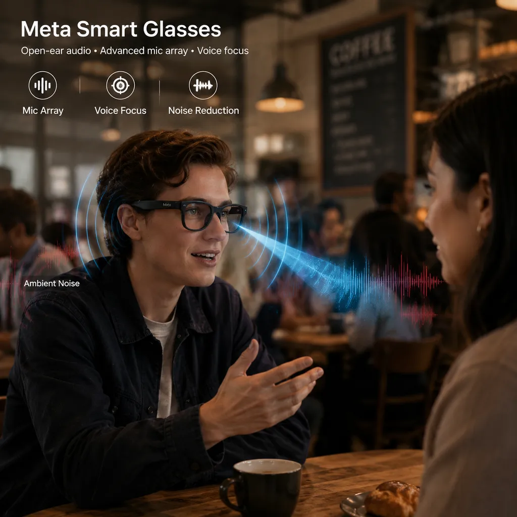 一名用户佩戴 Meta 智能眼镜在嘈杂咖啡馆内与对面的人交谈,画面突出眼镜麦克风阵列和声音聚焦效果