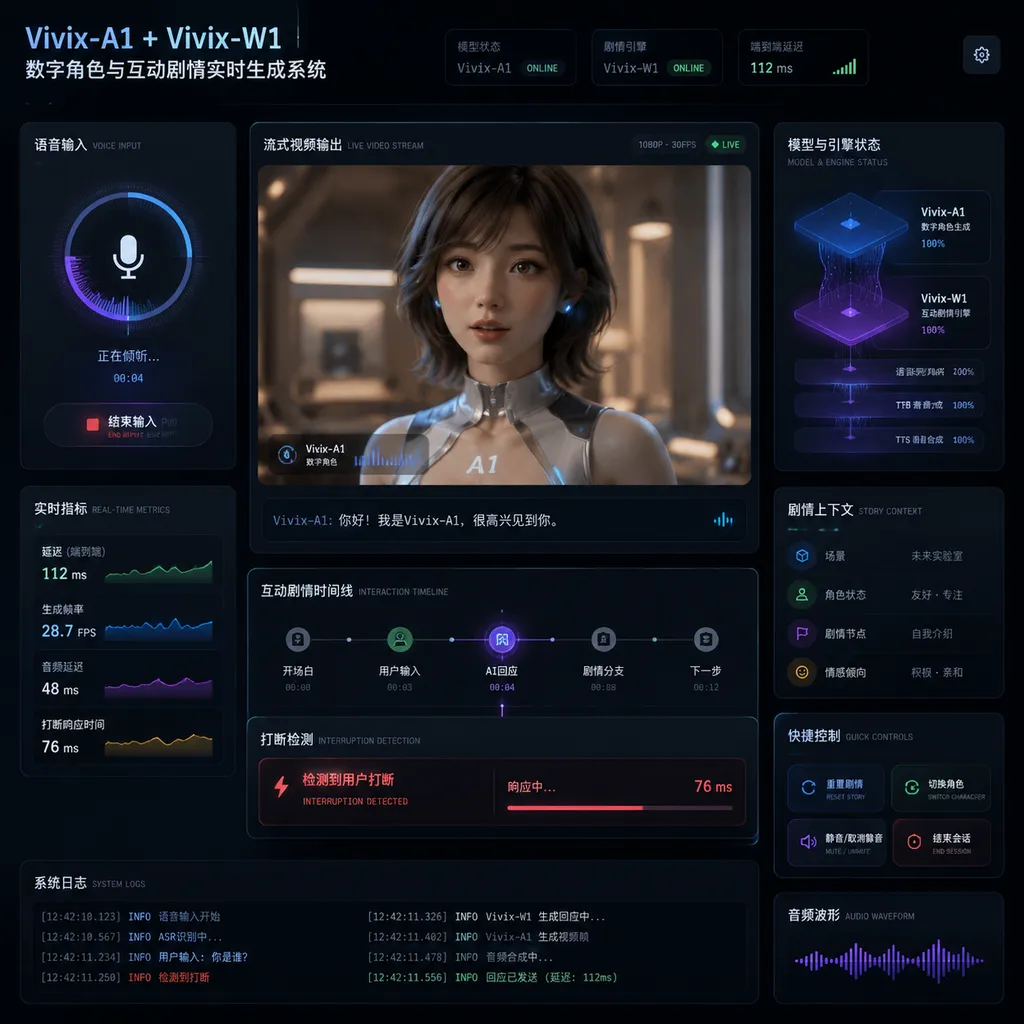 Vivix-A1数字角色与Vivix-W1互动剧情的实时生成界面,展示语音输入、流式视频和低延迟打断