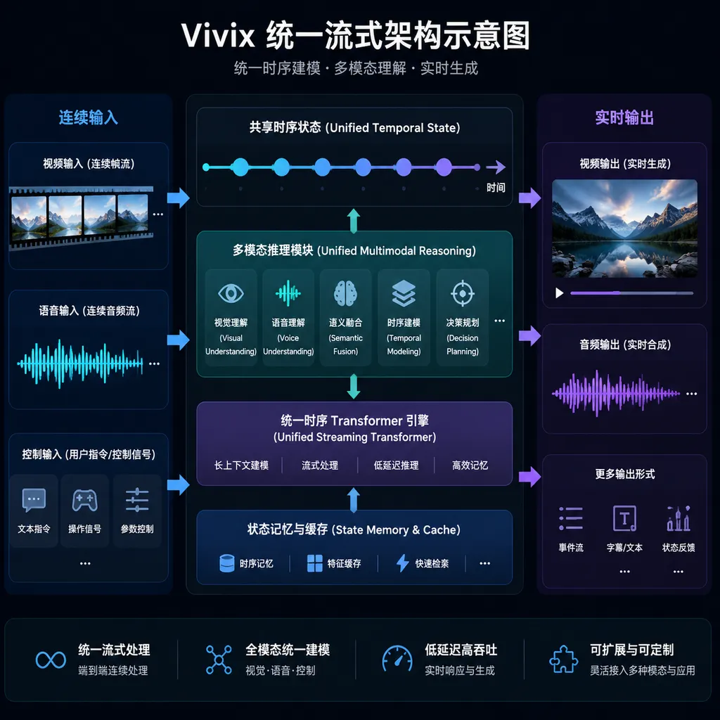 Diagram of Vivix's unified streaming architecture, with continuous video, speech, and control inputs on the left, shared temporal state and multimodal reasoning modules in the center, and real-time video and audio outputs on the right