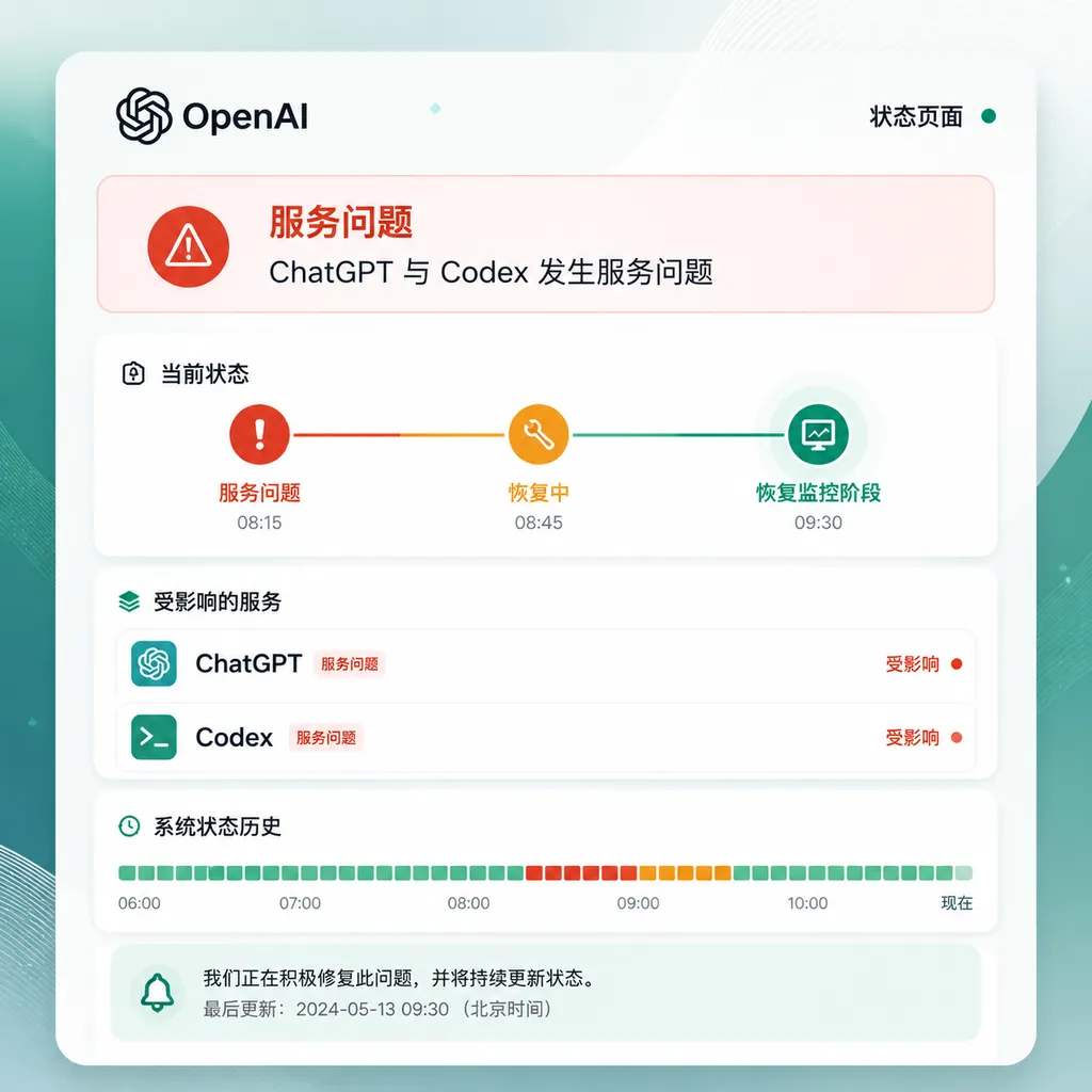 OpenAI状态页面显示ChatGPT与Codex发生服务问题并进入恢复监控阶段