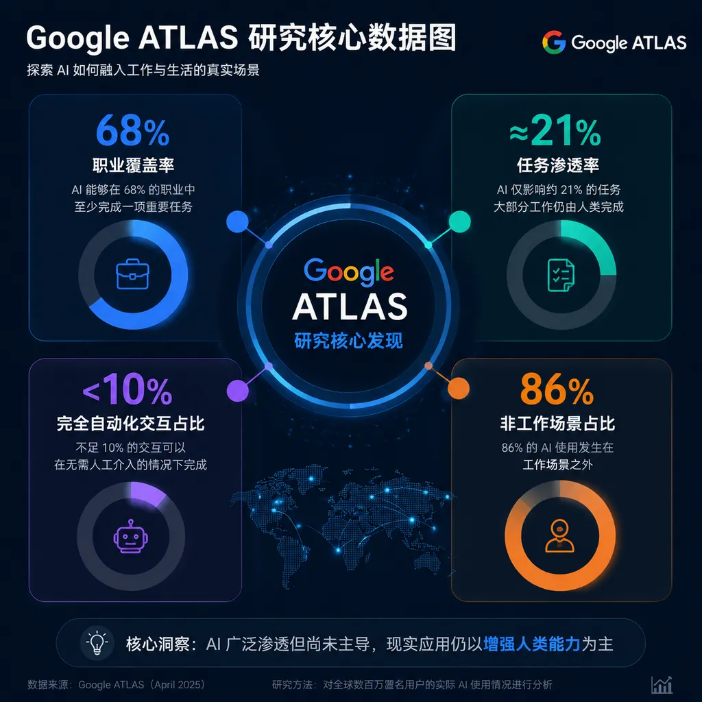 Key findings from Google’s ATLAS study, showing 68% occupational coverage, approximately 21% task penetration, less than 10% of interactions involving full automation, and 86% occurring outside work