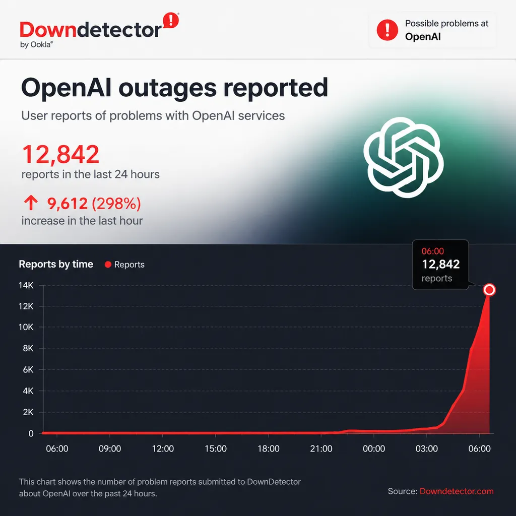 Chart showing a rapid short-term surge in OpenAI outage reports on DownDetector