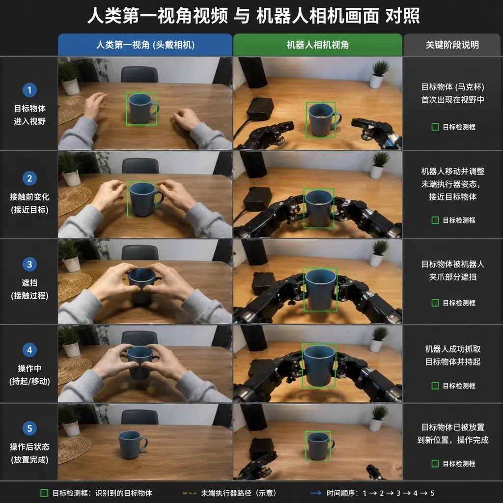 Comparison of human first-person video and a robot camera view, annotated to show the target object entering the field of view, pre-contact changes, occlusion, and the post-manipulation state