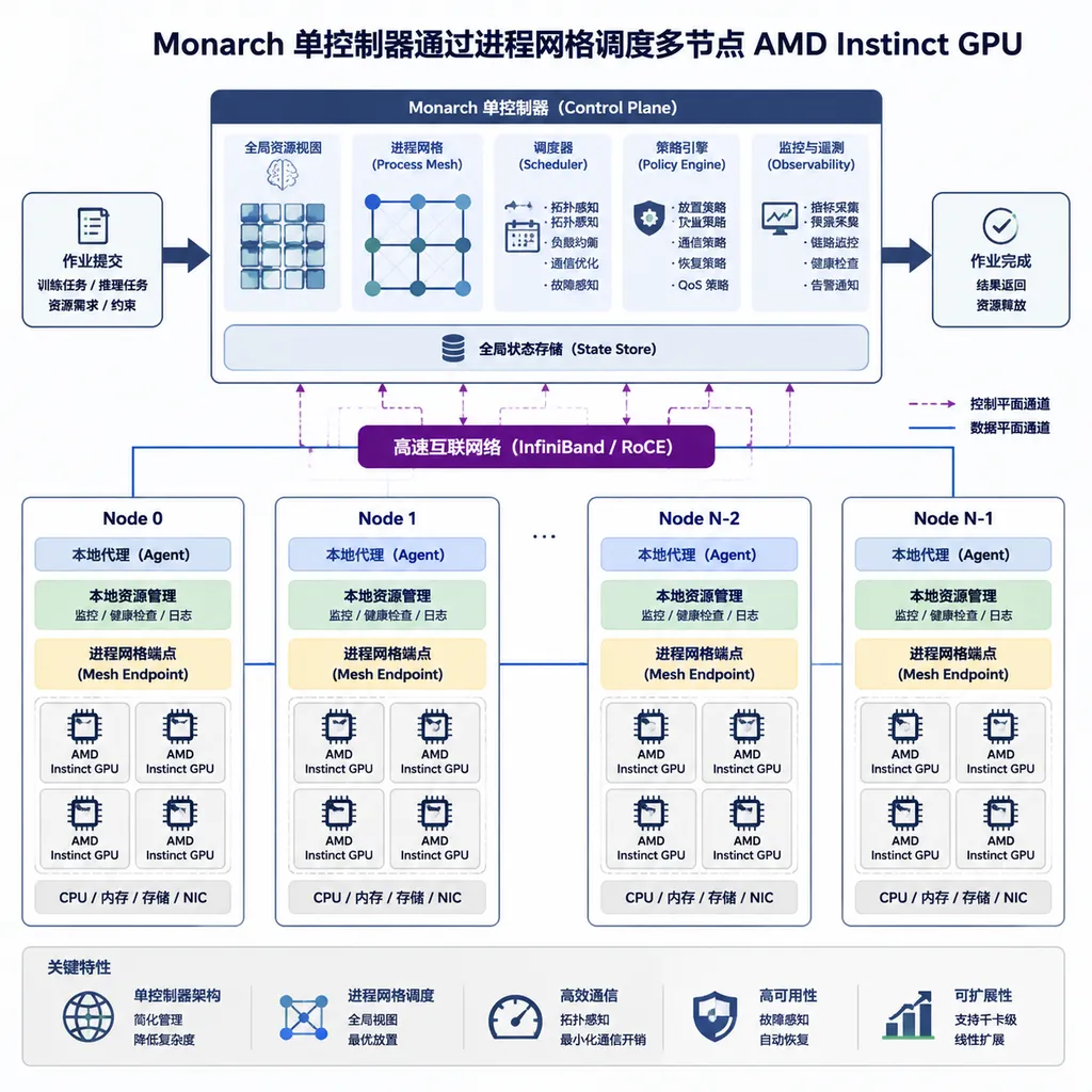 Architecture diagram showing a Monarch single controller scheduling multi-node AMD Instinct GPUs through a process mesh