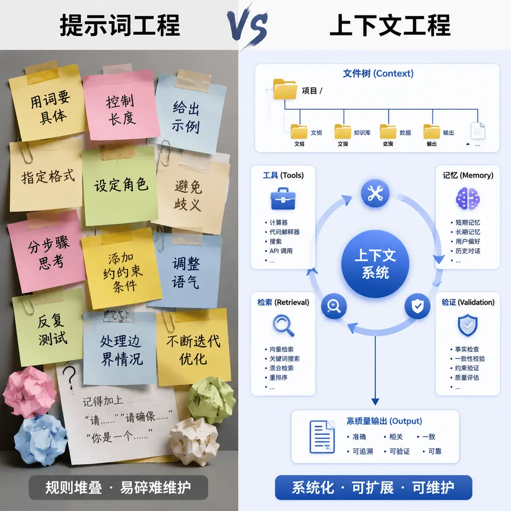 提示词工程与上下文工程对比图,左侧是一张堆满规则的便签,右侧是由文件树、工具、记忆、检索和验证环组成的上下文系统